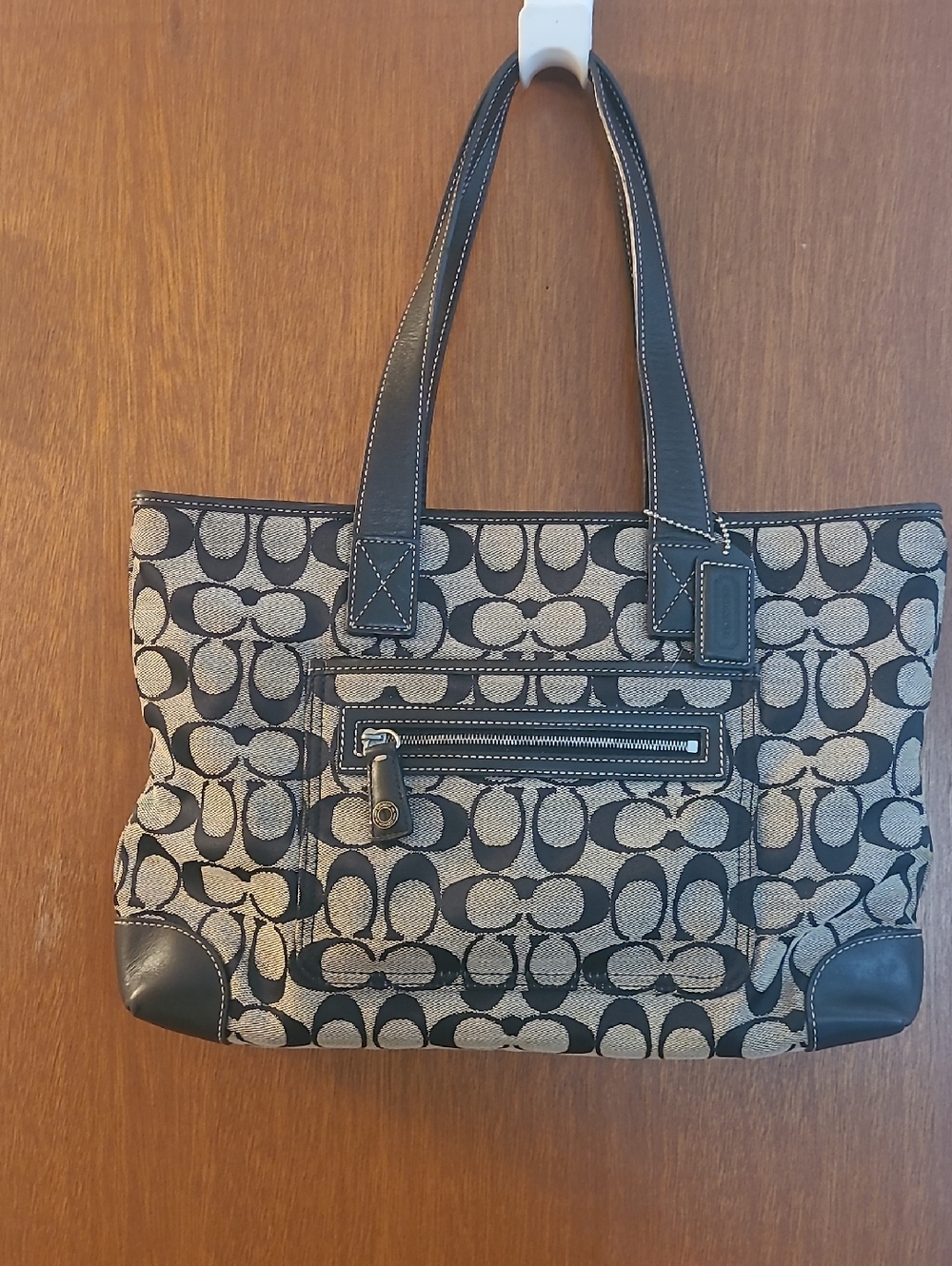 Coach Black and Cream Signature Jacquard Shoulder Bag with Front Zip Pocket